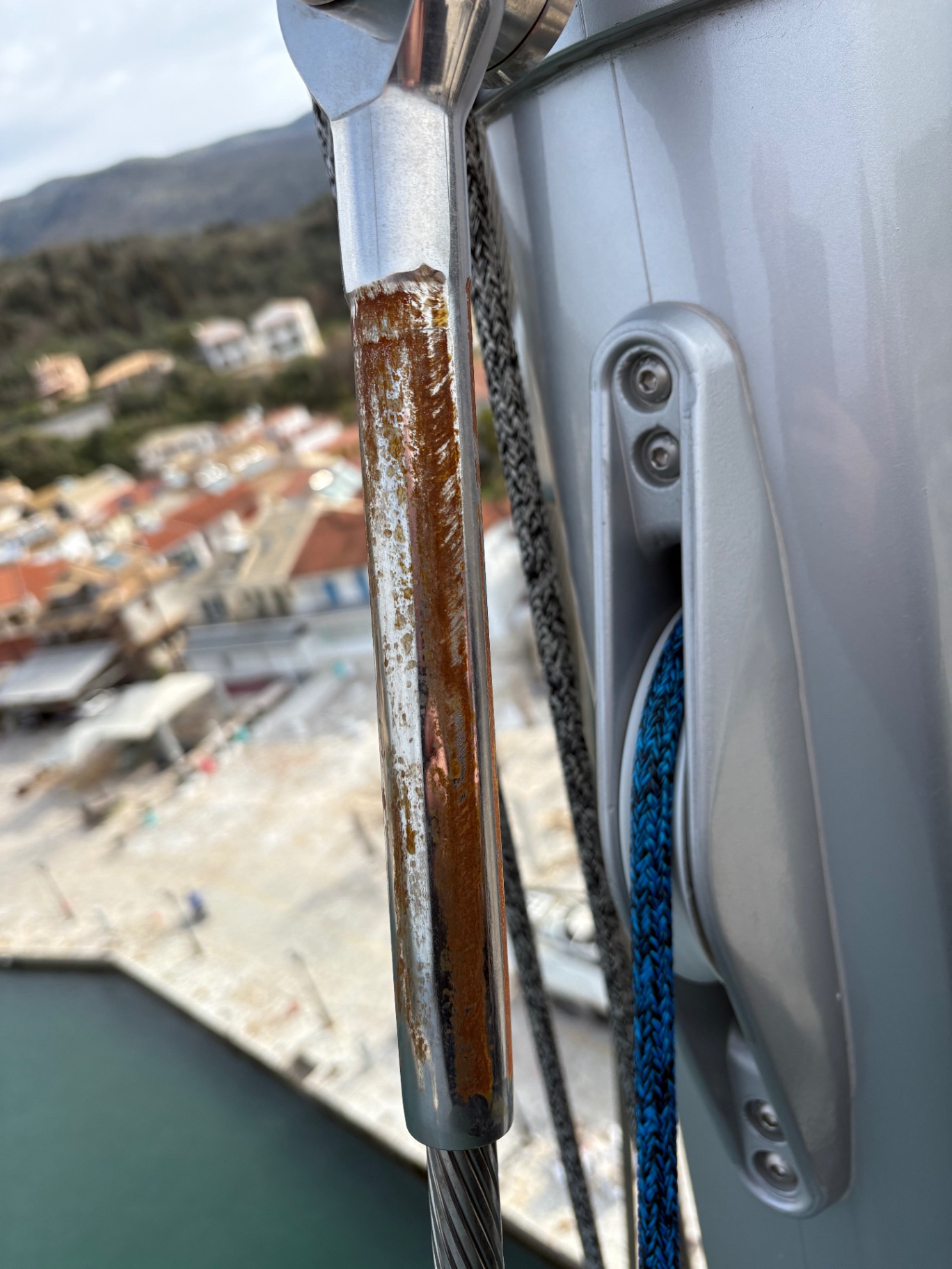 Standing rigging swage terminal with corrosion staining inspected aloft