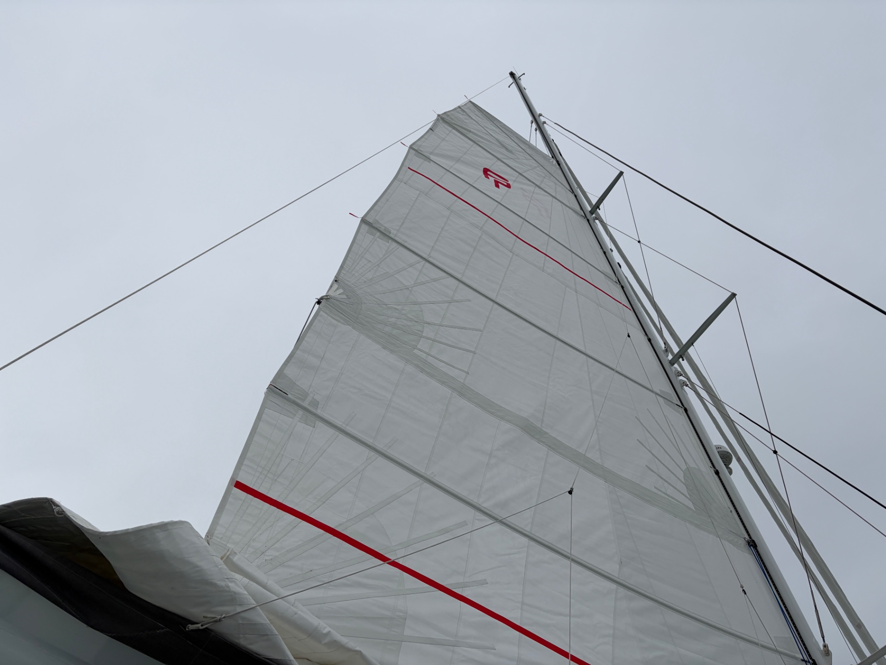 Fountaine Pajot square-top mainsail hoisted for sea-trial inspection