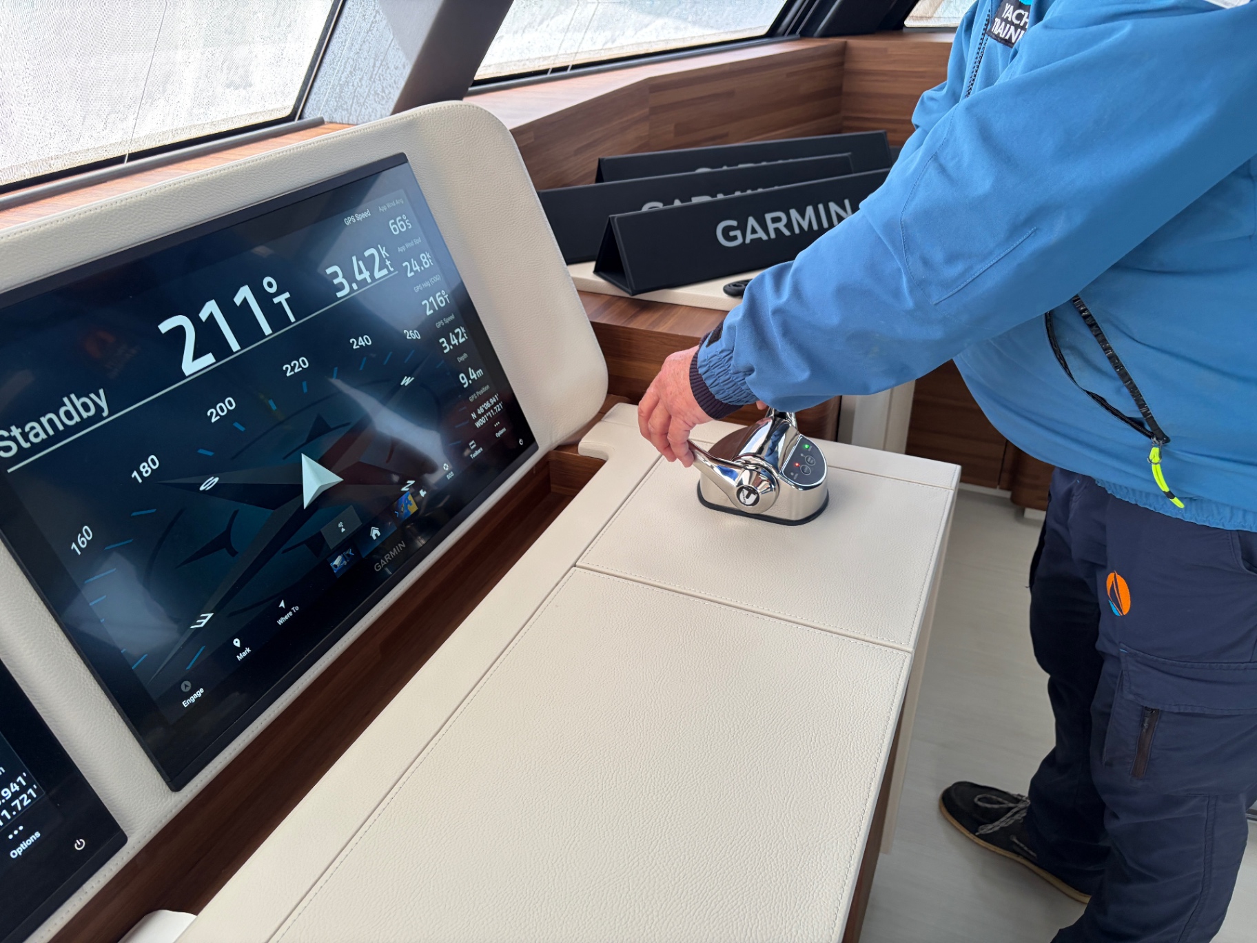 Garmin glass-bridge helm station and joystick control during sea-trial
