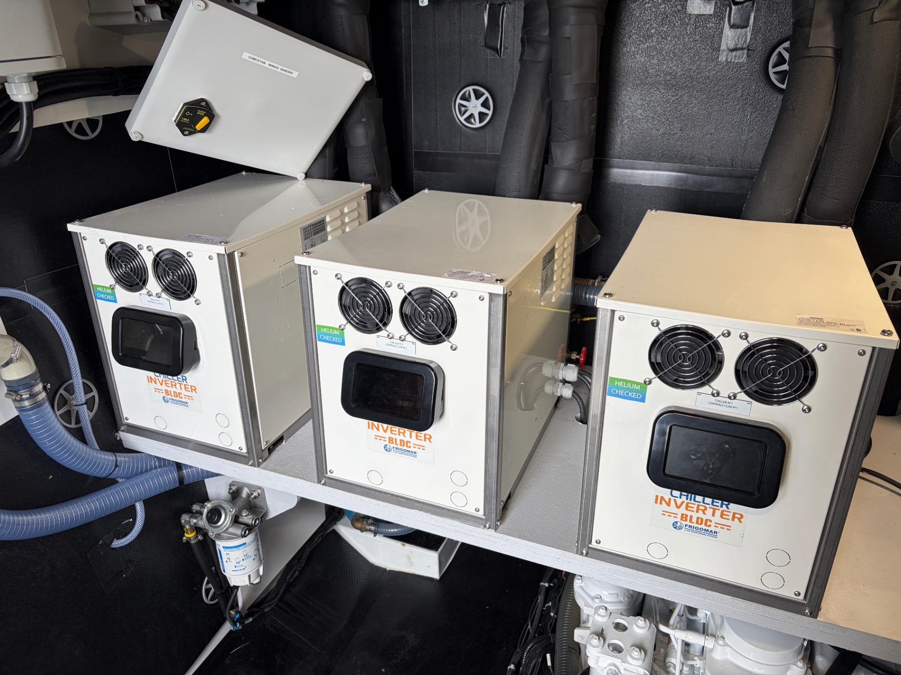 Frigomar BLDC chiller inverters in a superyacht technical space