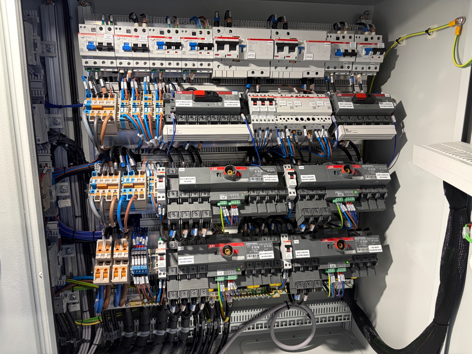ABB main electrical distribution panel with dual 50/60Hz shore-power and genset busbars