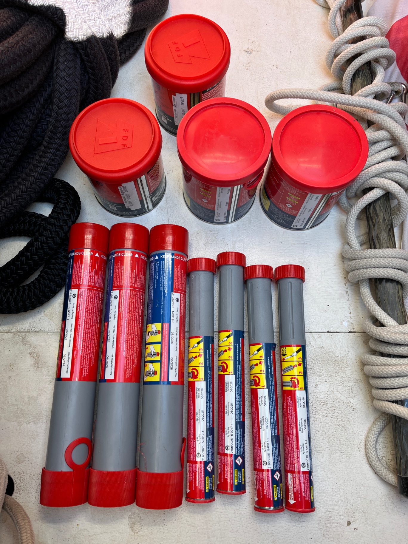 In-date SOLAS pyrotechnics — parachute flares, hand flares and smoke signals — checked during safety inspection