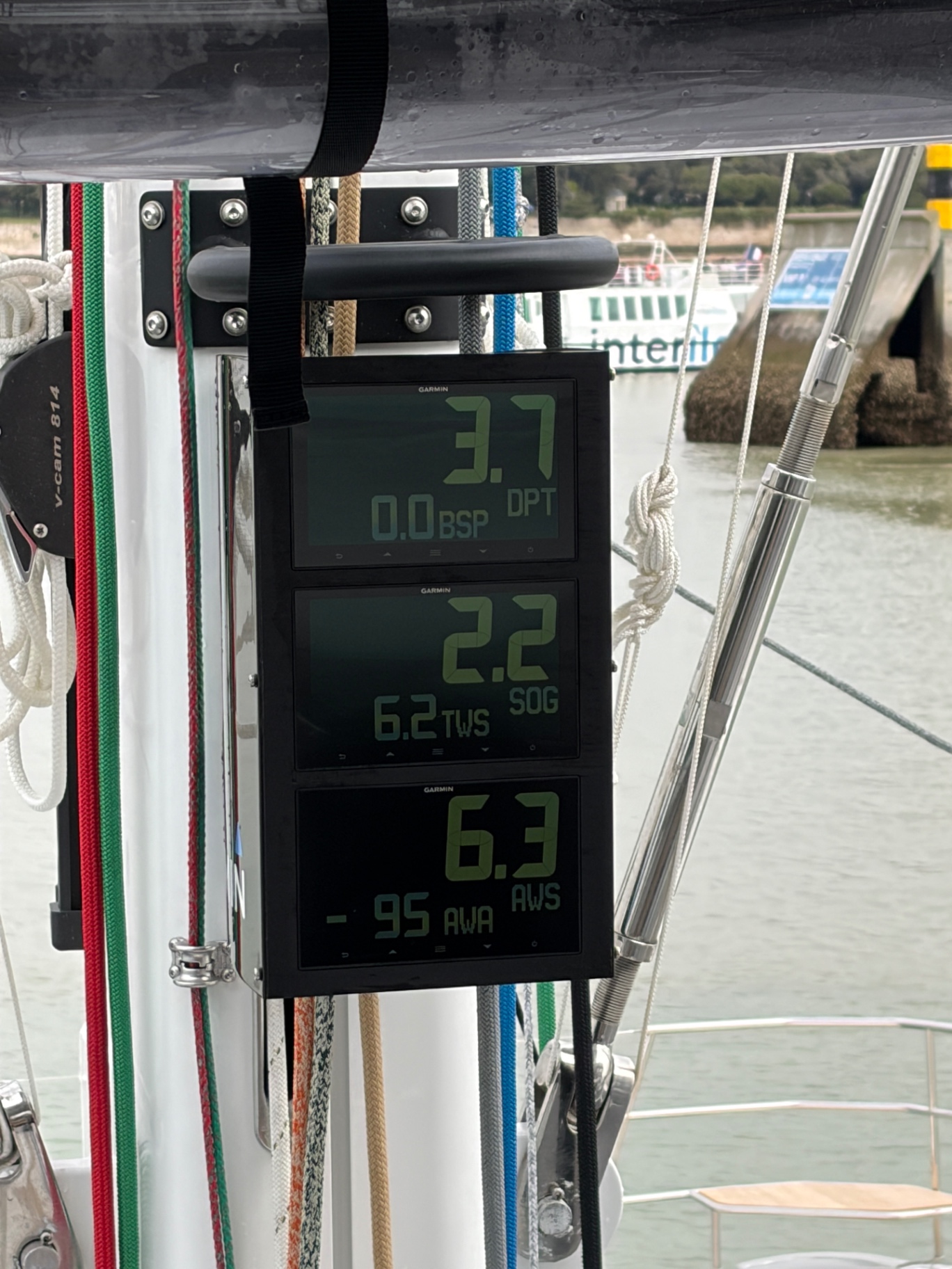 Garmin GNX instrument stack — depth, boat speed, SOG, wind