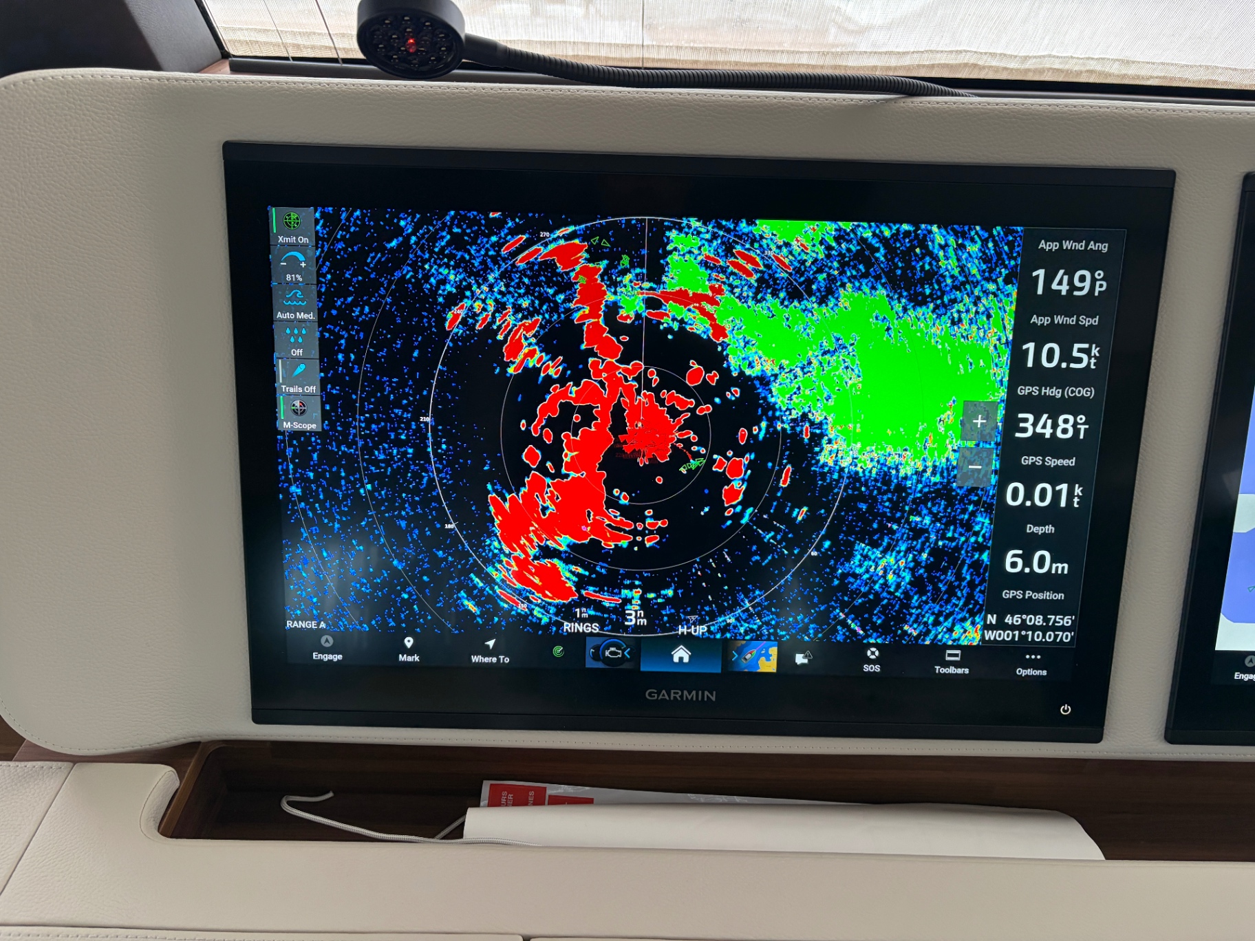 Garmin radar overlay during sea-trial — wind, depth and GPS data