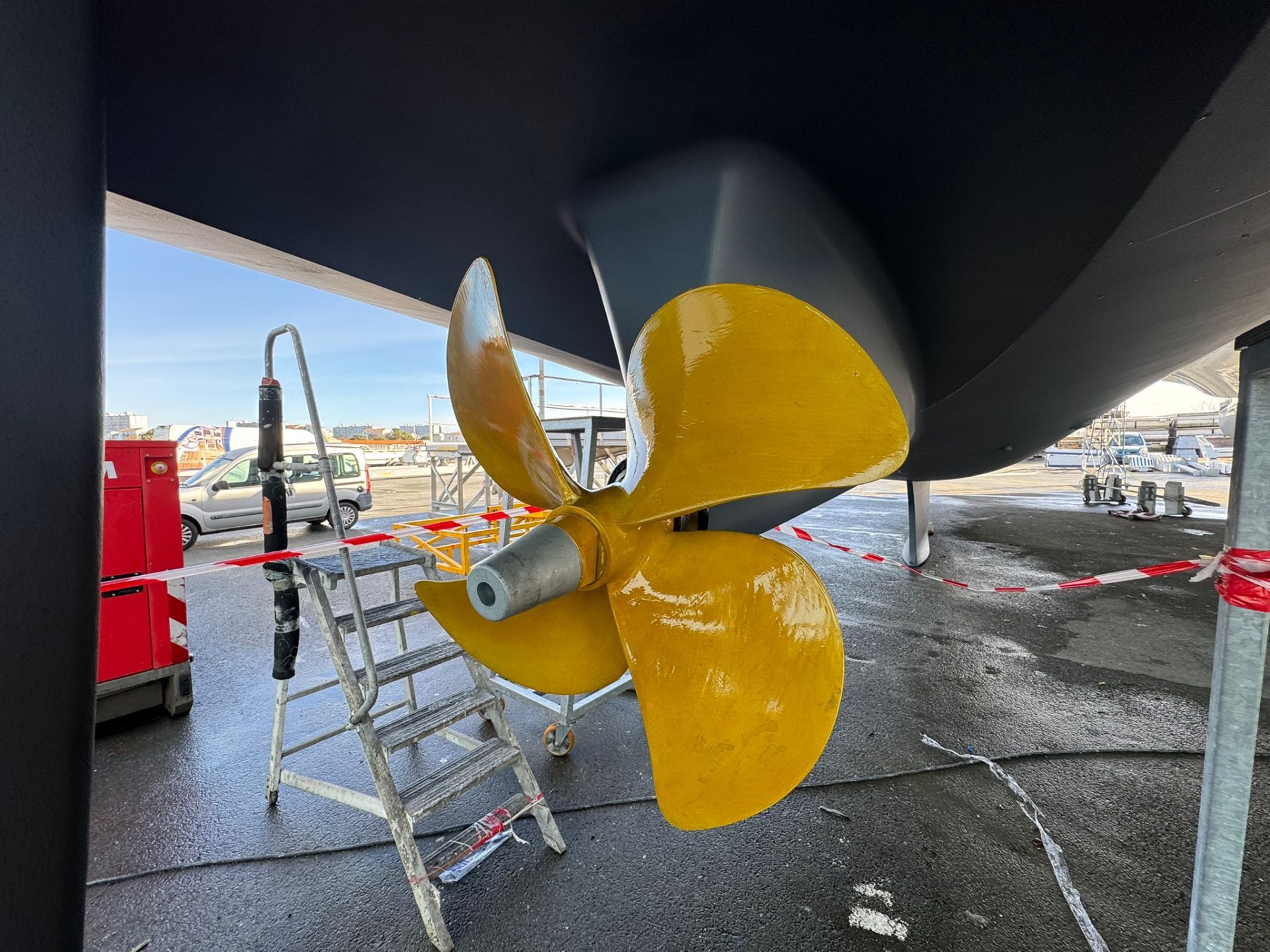 Four-blade feathering propeller and saildrive inspection out of the water