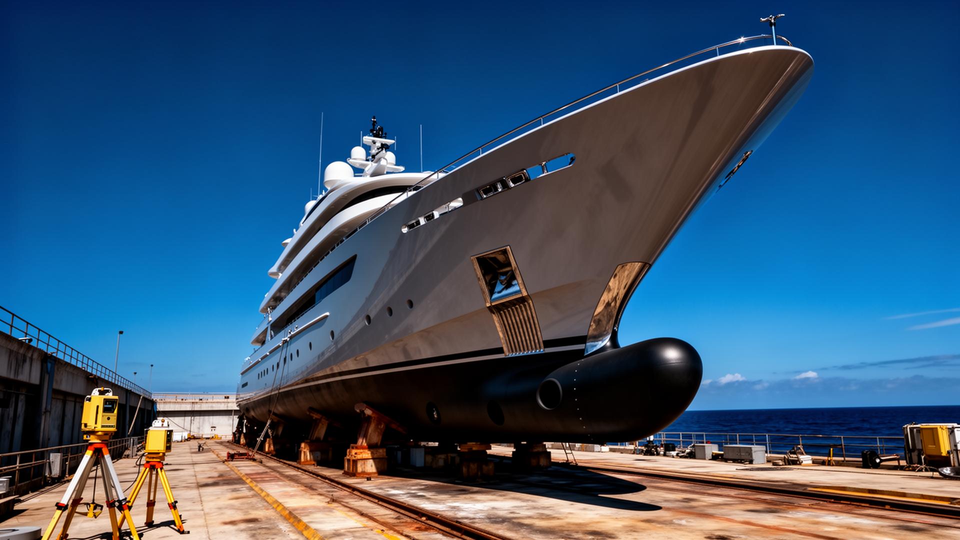 Superyacht in dry dock being surveyed