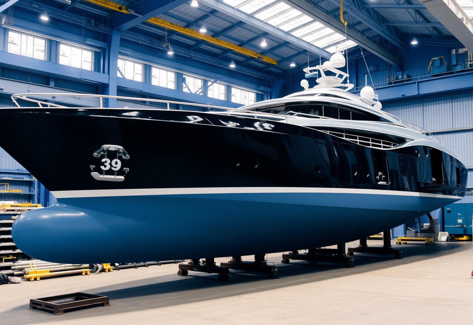 New-build yacht inside a European shipyard